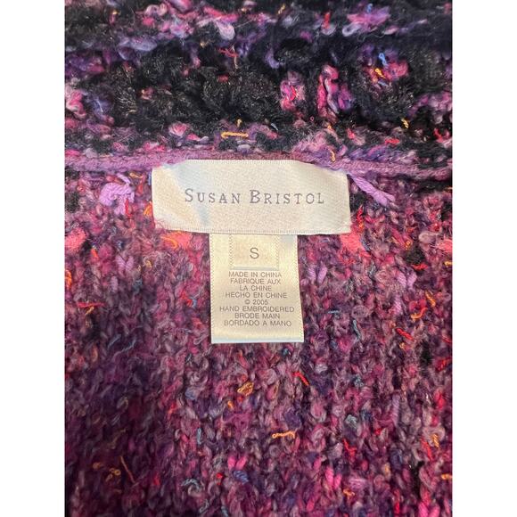 Susan Bristol Afghan Cardigan Jacket Purple Pink Plaid w Fringe Collar Small JL - Picture 7 of 8